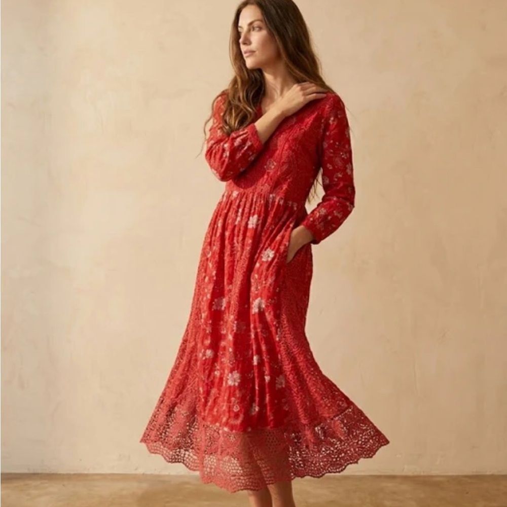 Johnny Was Anwen Patcwork Midi Dress Red S